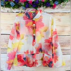 Trisha Tyler Women’s Colorful Floral Crinkle Long Sleeve Button Up Blouse Size M